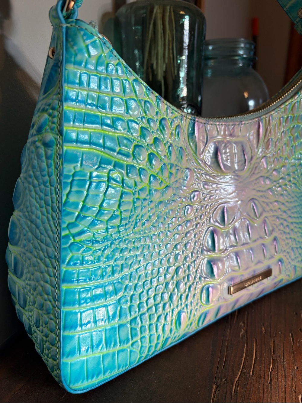 Brahmin ESME Cotton Candy Iridescent Turquoise Croc-Embossed Shoulder Bag - Picture 2 of 13